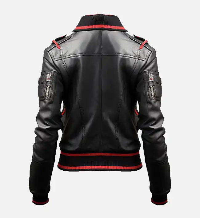 Women’s Black & Red Bomber Leather Jacket