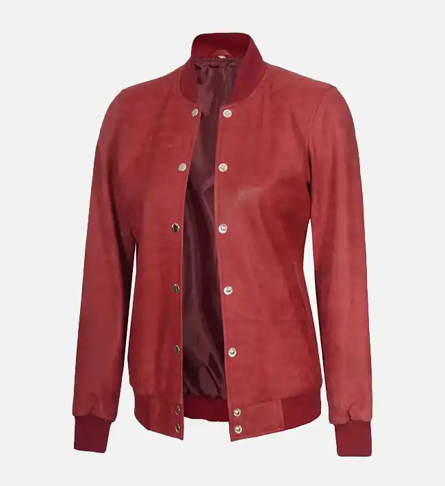 Women's Rib Knit Style Leather Maroon Bomber Jacket