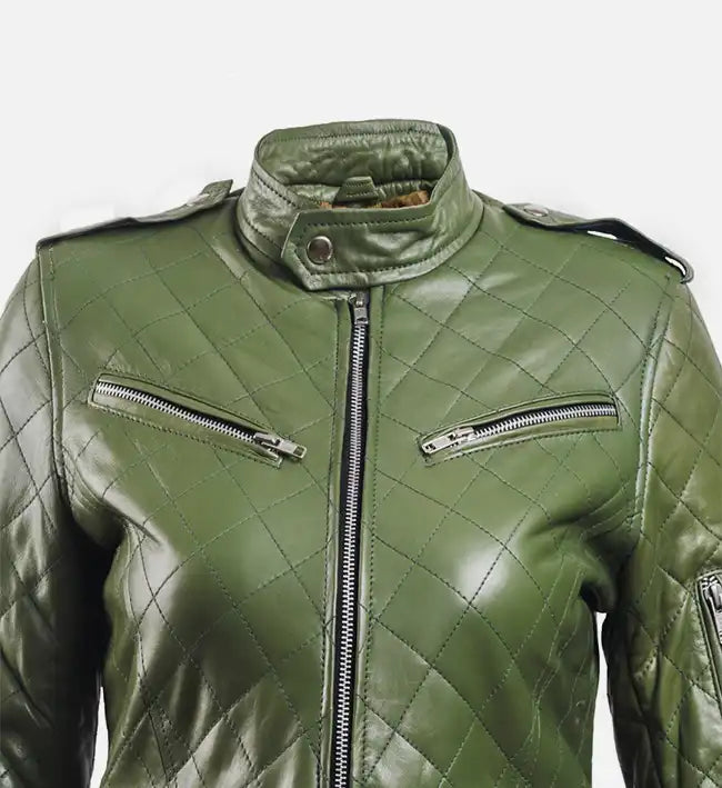 Women’s Green Leather Puffer Jacket