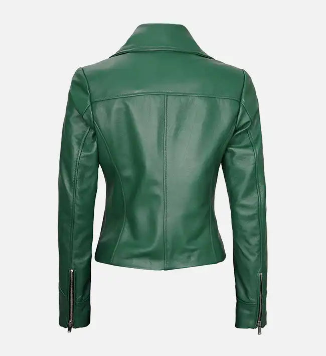 Women's Moto Style Green Leather Jacket