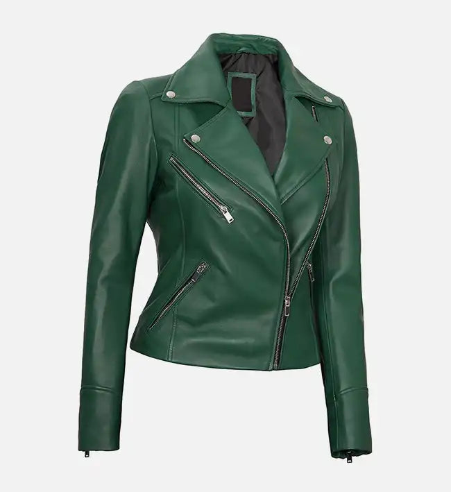 Women's Moto Style Green Leather Jacket