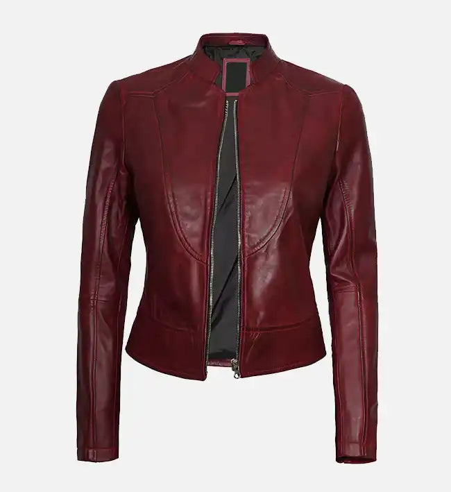 Women's Slim Fit Leather Maroon Biker Jacket