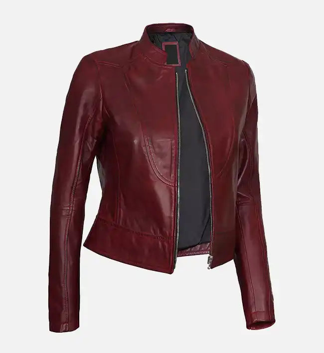 Women's Slim Fit Leather Maroon Biker Jacket