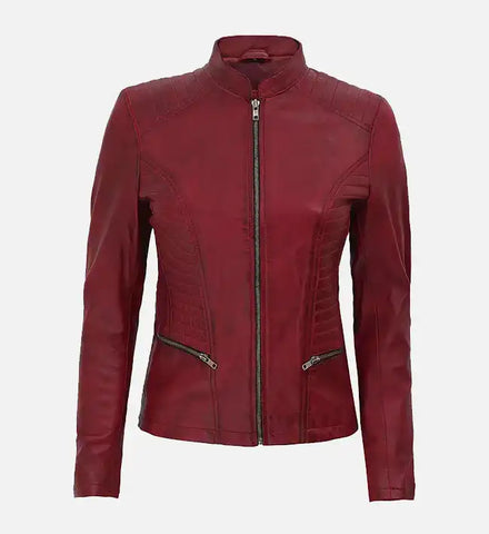 Women's Maroon Leather Mandarin Collar Biker Jacket