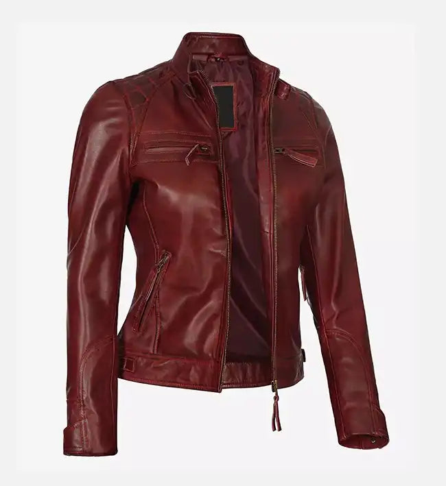 Women's Maroon Quilted Cafe Racer Leather Jacket