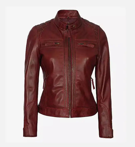 Women's Maroon Quilted Cafe Racer Leather Jacket