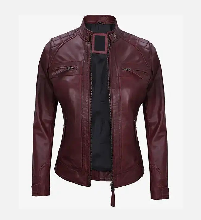 Maroon Women's Real Leather Motorcycle Jacket