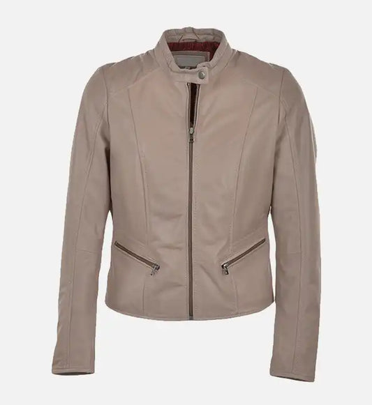 Women’s Simple Moto Beige Leather Jacket