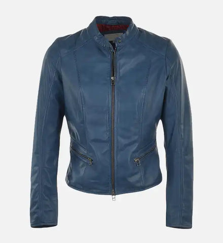 Women’s Simple Moto Blue Leather Jacket