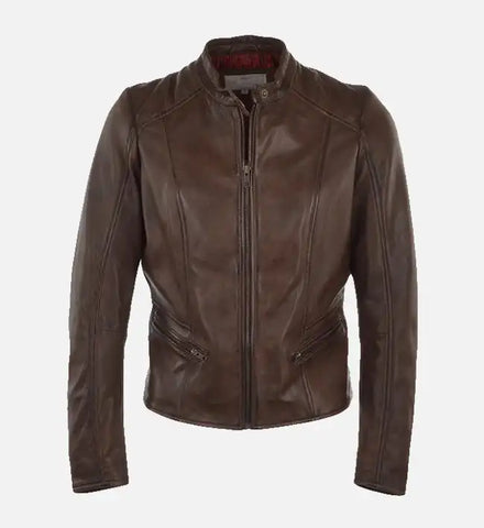 Women’s Simple Moto Brown Leather Jacket