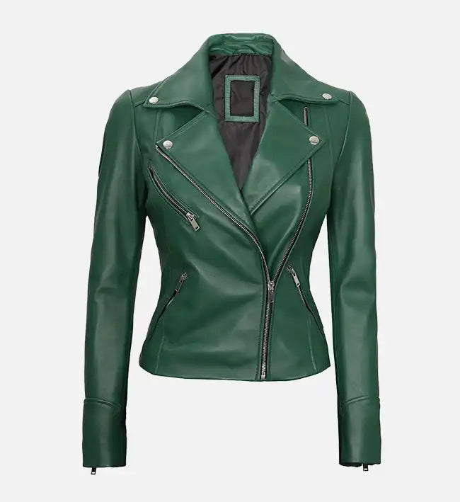 Women's Moto Style Green Leather Jacket