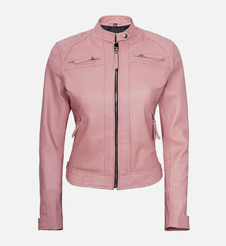 Women's Pink Diamond Cafe Racer Leather Jacket