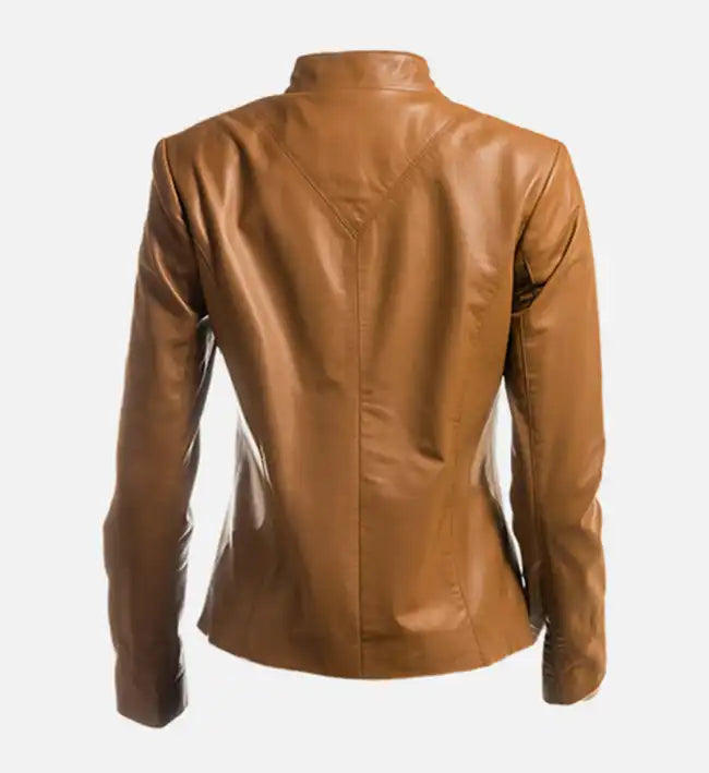 Women's Tan Plain Short Zipped Leather Jacket