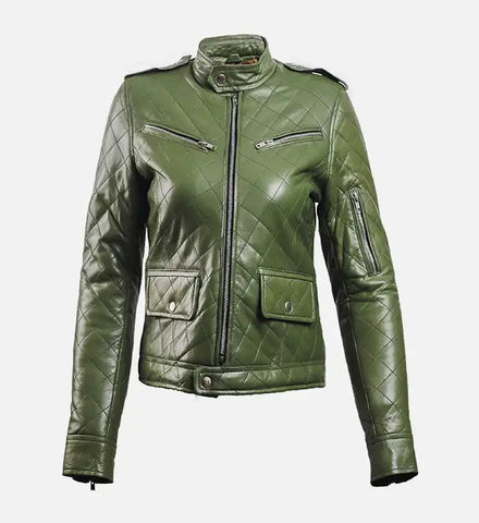 Women’s Green Leather Puffer Jacket