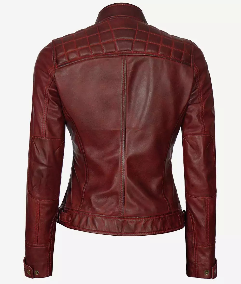 Women's Maroon Quilted Cafe Racer Leather Jacket