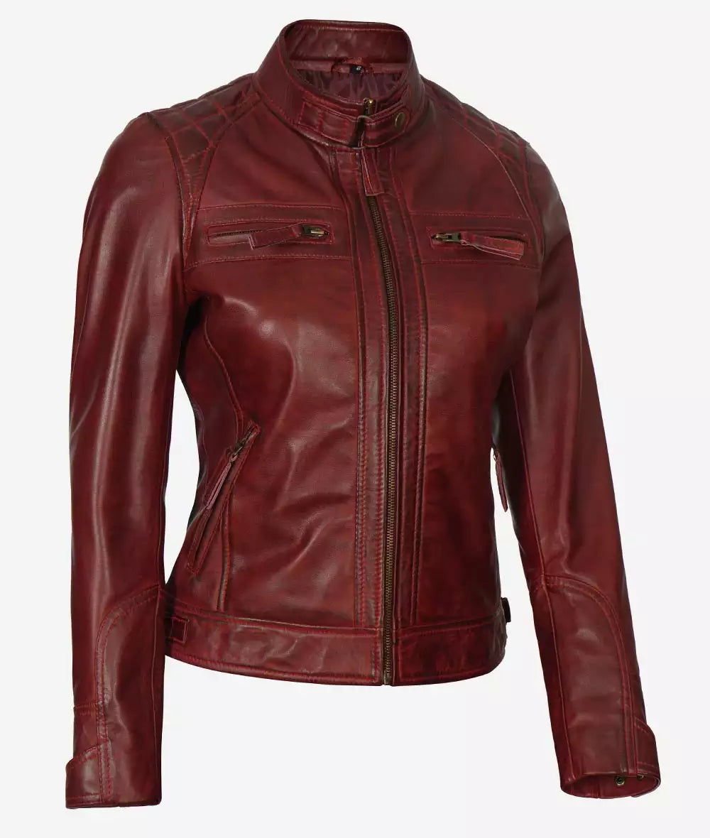 Women's Maroon Quilted Cafe Racer Leather Jacket