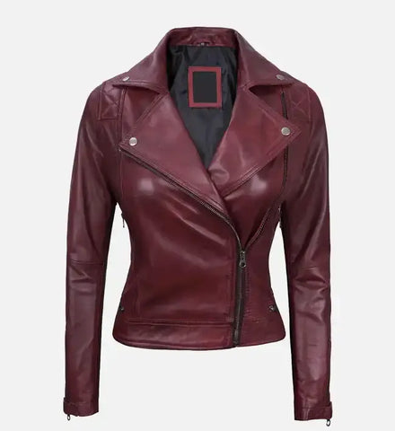 Women's Quilted Motorcycle Maroon Leather Jacket