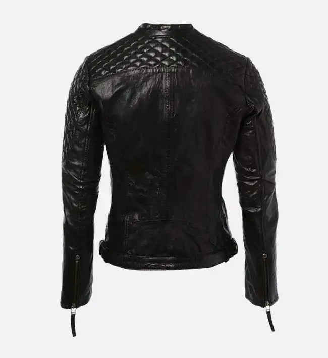 Women’s Short Quilted Shoulder Black Leather Jacket