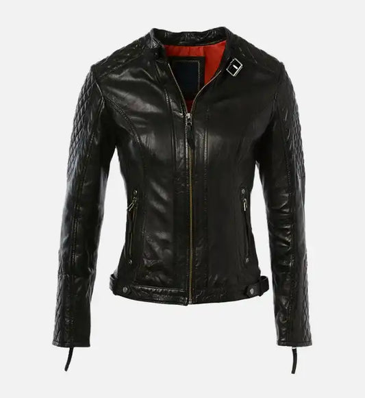 Women’s Short Quilted Shoulder Black Leather Jacket