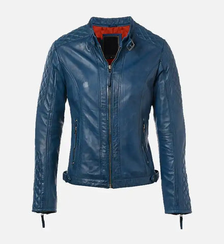 Women’s Short Quilted Shoulder Blue Leather Jacket