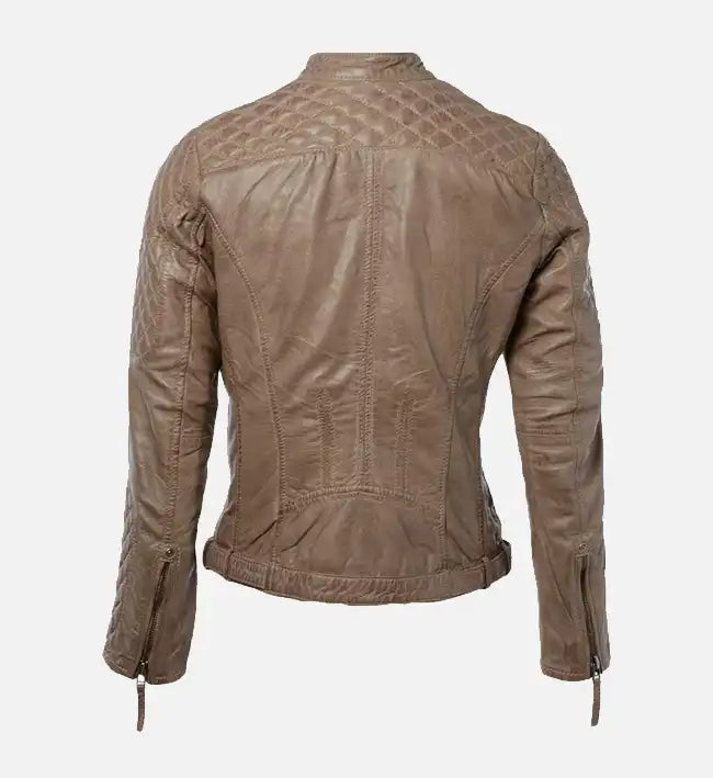 Women’s Short Quilted Shoulder Sand Leather Jacket