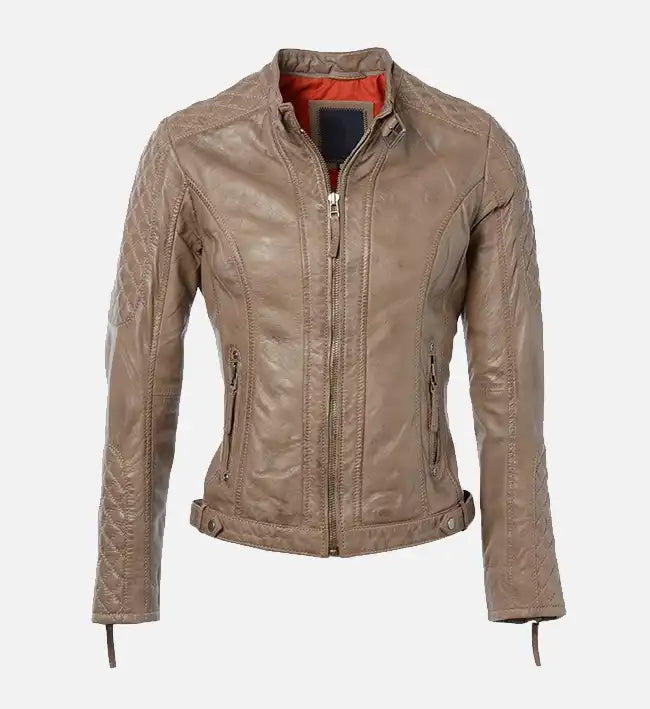 Women’s Short Quilted Shoulder Sand Leather Jacket