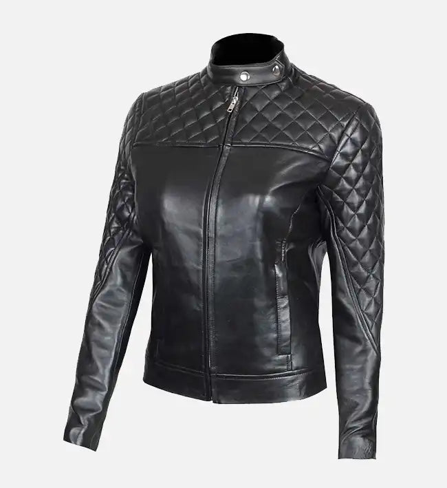 Women's Cafe Racer Slim Fit Quilted Black Leather Jacket