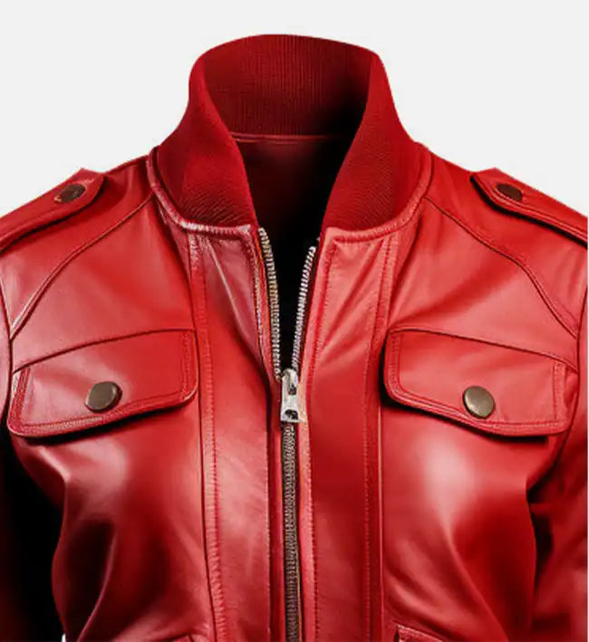 Women's Red Leather Bomber Jacket with Strap Pockets