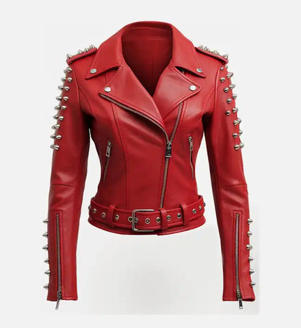 Women's Red Studs Biker Leather Jacket