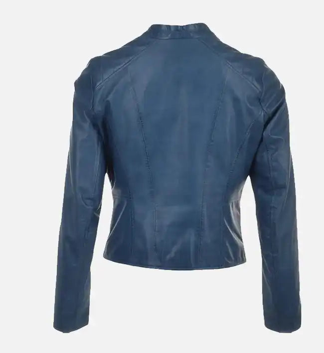 Women’s Simple Moto Blue Leather Jacket