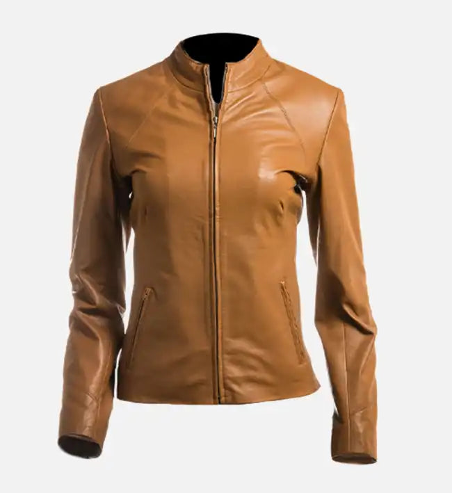 Women's Tan Plain Short Zipped Leather Jacket