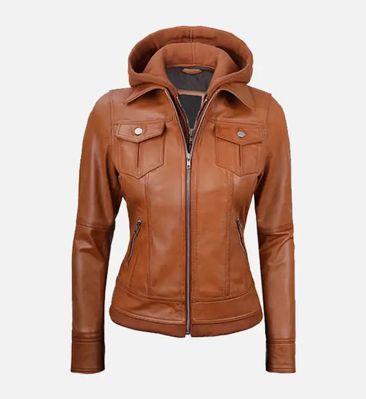 Women's Tan Wax Leather Jacket With Detachable Hood