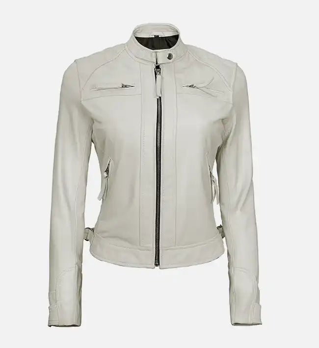 Women's White Diamond Moto Style Leather Jacket