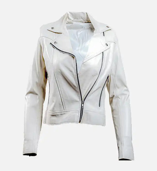 Women’s White Leather Biker Jacket