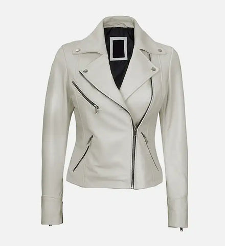 Women's Moto Style White Leather Jacket