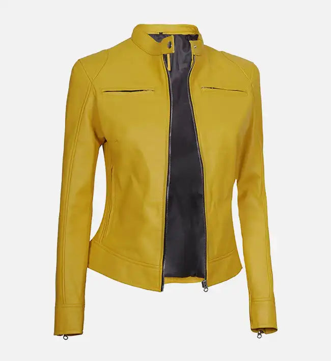 Women's Yellow Cafe Racer Leather Jacket